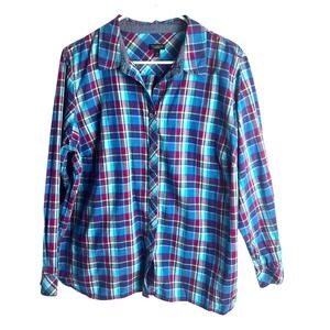 Talbots Plaid Cotton Button Up Shirt Size 2X Petite Blue Long Sleeve Casual